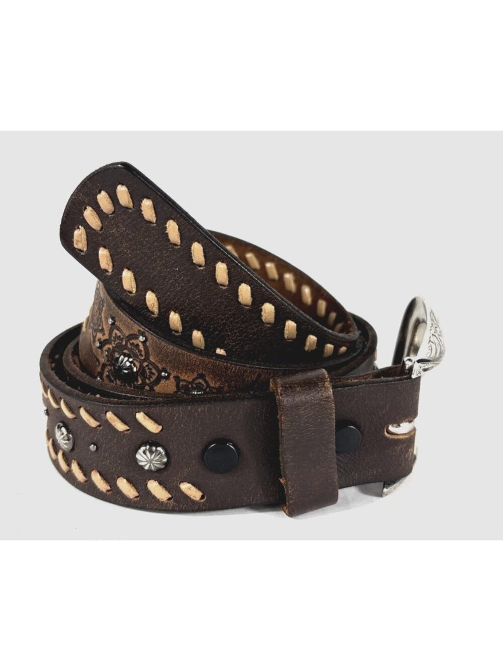 Womens Belt Brown Genuine Tooled Leather Large Western Cowgirl